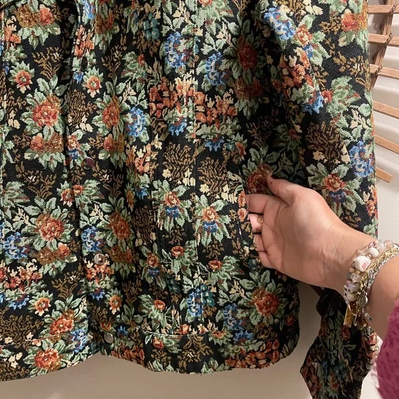 🏷️ BNWT Nova Men Tapestry Trucker Jacket Black Floral Brocade Snap Buttons Sz L - Picture 5 of 12